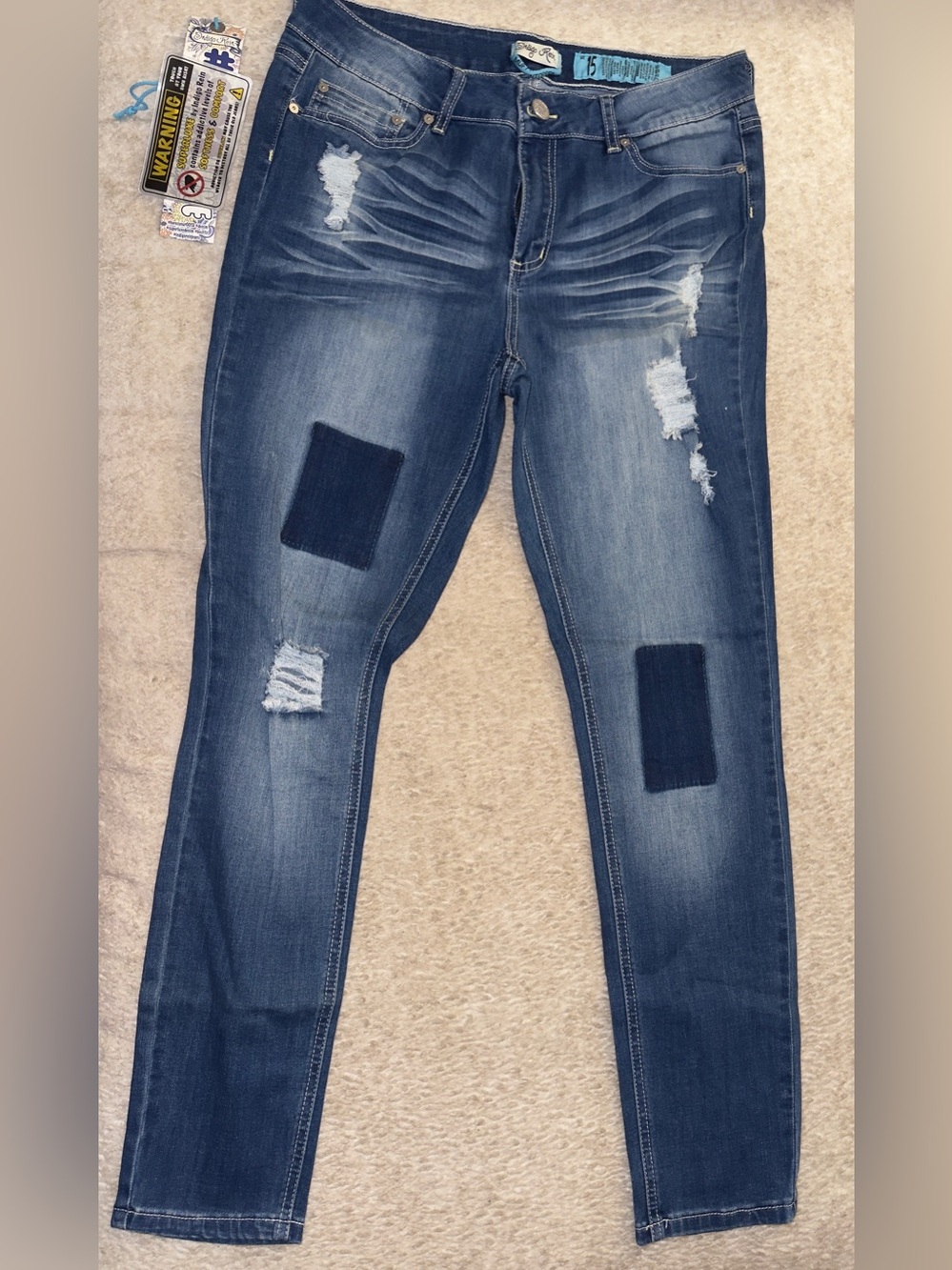 Indigo Rein Women’s Size 15 Distressed Patch Skinny Jeans Medium Wash NWOT